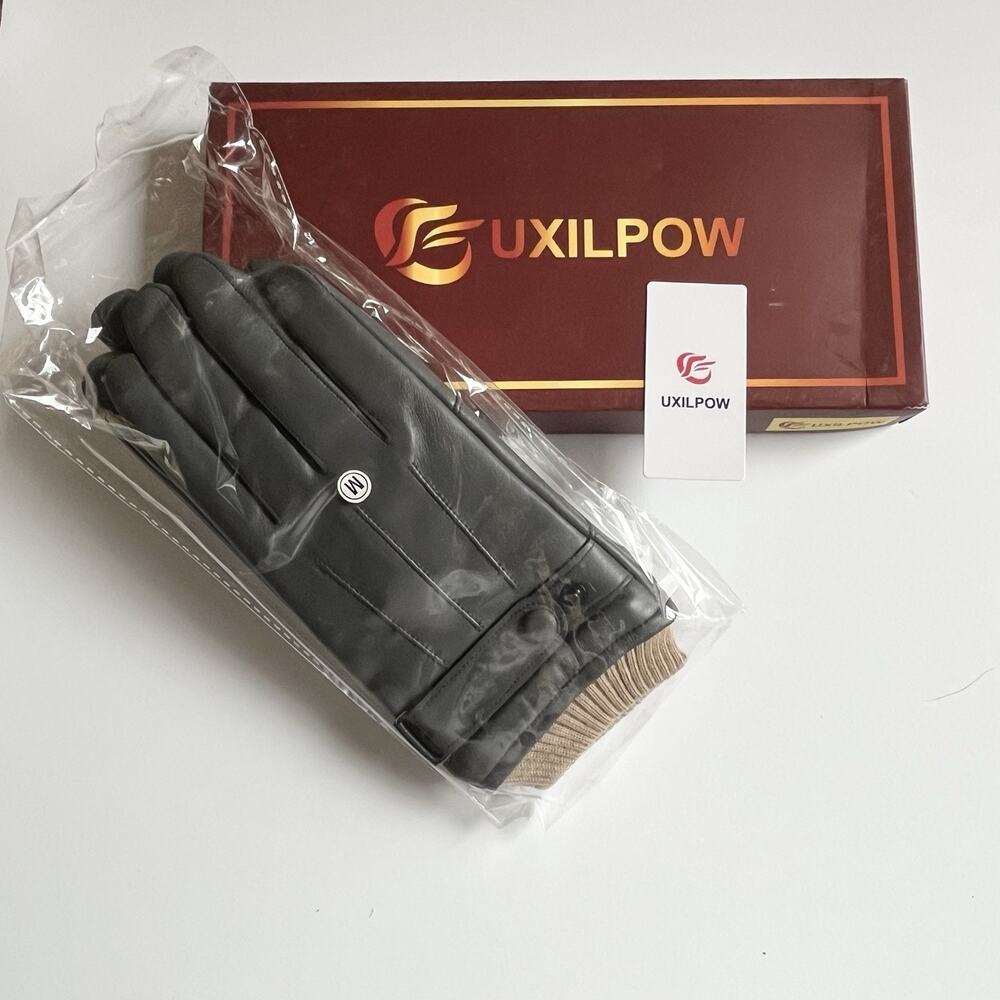 Men's Gray Sheepskin Leather Gloves Sz M Fleece Lining Knit Cuff Winter Driving